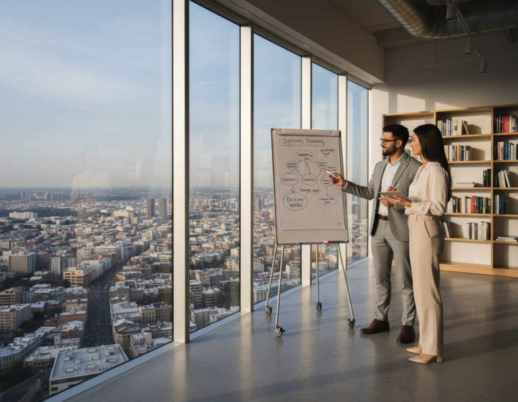 A bright, modern office space with a large window revealing a city skyline in the background. In the foreground, a diverse group of three professionals—two women and one man—are engaged in a collaborative brainstorming session around a whiteboard filled with diagrams and flowcharts representing various mental models. The woman in glasses is pointing at a model, while the man nods in understanding, capturing a moment of insight. Soft, natural light pours in from the window, casting gentle shadows and creating an atmosphere of focus and creativity. The professionals are dressed in smart business attire, exuding an air of professionalism and confidence. The scene conveys a sense of empowerment and strategic thinking, ideal for fostering analytical skills.