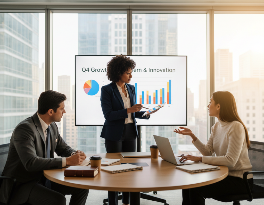 A diverse group of professionals engaged in a collaborative meeting in a modern office setting. In the foreground, a focused woman wearing smart business attire is presenting a colorful chart on a large screen, while her colleagues, a man in a tailored suit and a woman in smart casual wear, actively participate by taking notes and discussing ideas. The middle ground features a round table with laptops and notepads scattered around, signifying teamwork and problem-solving. In the background, large windows let in natural light, illuminating a city skyline, creating a vibrant atmosphere. Use a wide-angle lens to capture the dynamic interaction, with soft, warm lighting to evoke a sense of optimism and determination in overcoming career development challenges. A diverse group of professionals engaged in a collaborative meeting in a modern office setting. In the foreground, a focused woman wearing smart business attire is presenting a colorful chart on a large screen, while her colleagues, a man in a tailored suit and a woman in smart casual wear, actively participate by taking notes and discussing ideas. The middle ground features a round table with laptops and notepads scattered around, signifying teamwork and problem-solving. In the background, large windows let in natural light, illuminating a city skyline, creating a vibrant atmosphere. Use a wide-angle lens to capture the dynamic interaction, with soft, warm lighting to evoke a sense of optimism and determination in overcoming career development challenges.