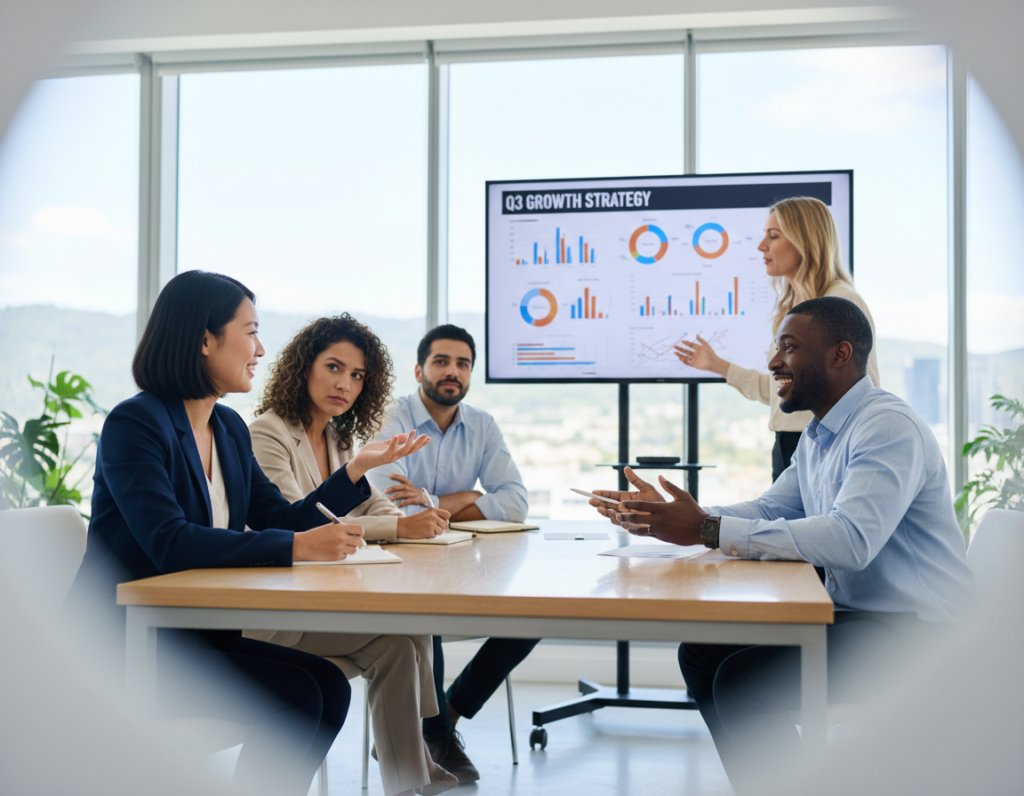 A diverse group of six professionals engaged in a collaborative discussion around a modern conference table. In the foreground, a woman of Asian descent in a smart blazer and a man of African descent in a crisp shirt are animatedly exchanging ideas, their expressions conveying enthusiasm. The middle ground features three more individuals: a Hispanic woman taking notes, a Middle-Eastern man actively listening, and a Caucasian woman gesturing towards a digital display showing charts and graphs. The background reveals a bright, airy office with floor-to-ceiling windows allowing natural light to fill the space, creating a positive and inviting atmosphere. The image captures a harmonious blend of different personalities and perspectives, emphasizing teamwork and professional relationships. Use soft lighting with a slight blur on the edges for a subtle focus effect. A diverse group of six professionals engaged in a collaborative discussion around a modern conference table. In the foreground, a woman of Asian descent in a smart blazer and a man of African descent in a crisp shirt are animatedly exchanging ideas, their expressions conveying enthusiasm. The middle ground features three more individuals: a Hispanic woman taking notes, a Middle-Eastern man actively listening, and a Caucasian woman gesturing towards a digital display showing charts and graphs. The background reveals a bright, airy office with floor-to-ceiling windows allowing natural light to fill the space, creating a positive and inviting atmosphere. The image captures a harmonious blend of different personalities and perspectives, emphasizing teamwork and professional relationships. Use soft lighting with a slight blur on the edges for a subtle focus effect.