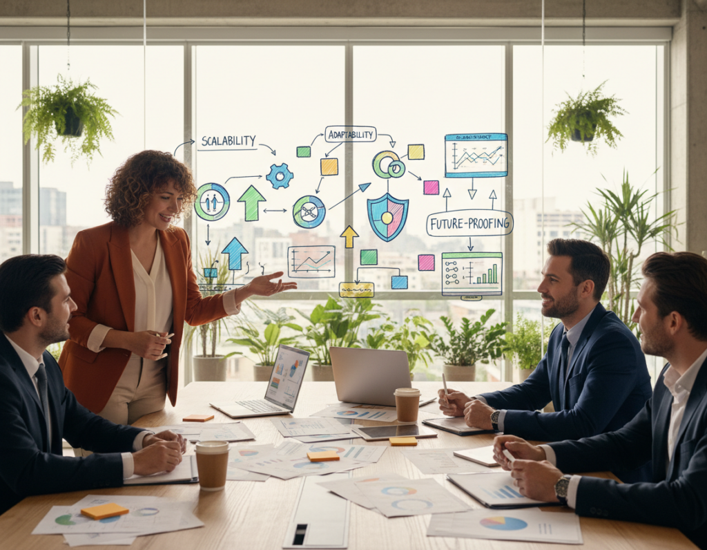 A diverse team of professionals in a modern office setting, actively collaborating around a large table filled with innovation-focused materials like charts and digital devices. In the foreground, a woman in smart casual attire gestures animatedly, while a man in a formal suit listens intently. The middle ground features a whiteboard covered in colorful diagrams representing growth and resilience strategies. The background shows large windows letting in natural sunlight, filtering through lush greenery, symbolizing growth and sustainability. The atmosphere is vibrant and energetic, promoting a sense of camaraderie and determination. Use soft, warm lighting to enhance a welcoming yet professional environment, captured from a slightly elevated angle to showcase the team's engagement.