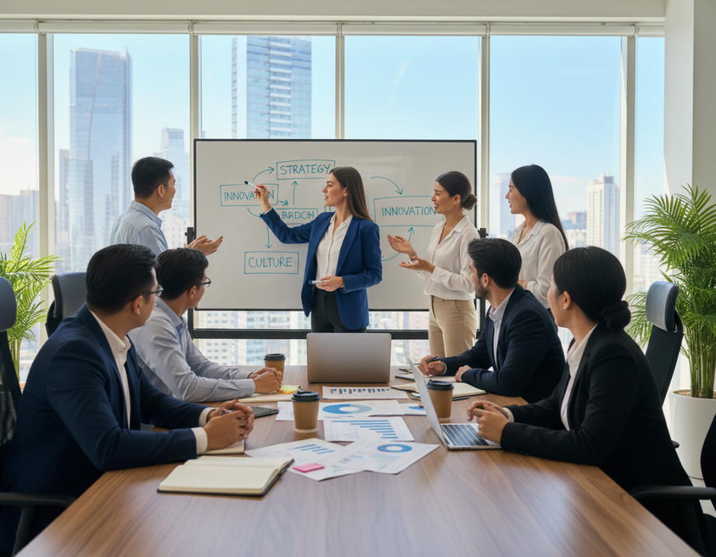 A dynamic team training session in a modern office environment. In the foreground, a diverse group of professionals in business attire collaborate around a large table covered with laptops, notebooks, and charts. In the middle ground, an engaged team leader stands in front of a whiteboard, illustrating concepts with colorful markers while participants enthusiastically engage. The background features large windows with natural light streaming in, illuminating the space and creating a bright atmosphere. The overall mood is focused yet energetic, emphasizing collaboration and cultural alignment. The scene captures the essence of teamwork and structured learning, representing growth and stability in a professional setting. A dynamic team training session in a modern office environment. In the foreground, a diverse group of professionals in business attire collaborate around a large table covered with laptops, notebooks, and charts. In the middle ground, an engaged team leader stands in front of a whiteboard, illustrating concepts with colorful markers while participants enthusiastically engage. The background features large windows with natural light streaming in, illuminating the space and creating a bright atmosphere. The overall mood is focused yet energetic, emphasizing collaboration and cultural alignment. The scene captures the essence of teamwork and structured learning, representing growth and stability in a professional setting.