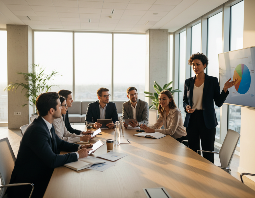 A modern corporate environment depicting a diverse group of professionals collaborating around a large conference table. In the foreground, a confident woman in business attire presents a colorful pie chart on a digital screen, while colleagues observe intently, taking notes. The middle ground features a mix of engaged discussions, with people using laptops and tablets, symbolizing a dynamic shift in organizational strategy. The background showcases large windows allowing natural light to flood the room, paired with sleek, contemporary decor. The mood is optimistic and focused, reflecting a sense of opportunity and growth, with warm lighting enhancing the atmosphere of collaboration and innovation. The image should be shot from a slightly elevated angle, capturing the energy in the room without any text or branding.