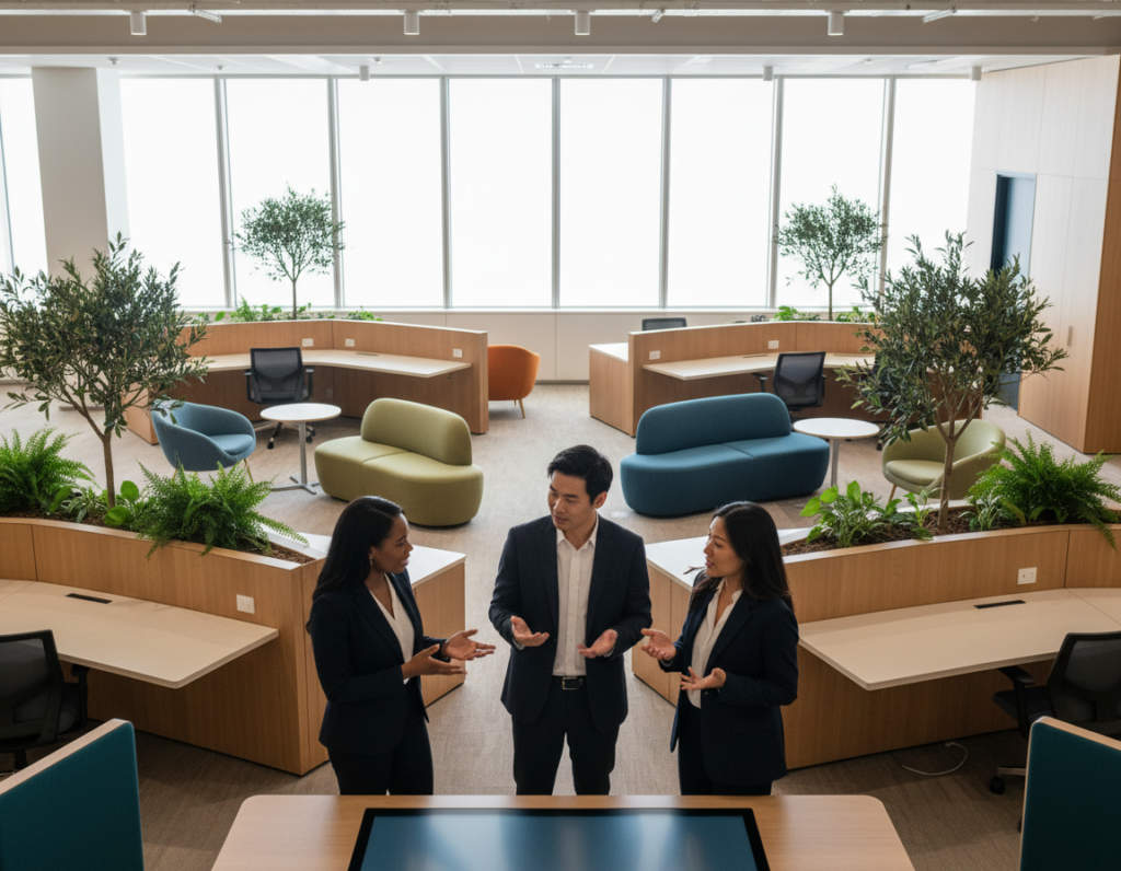 A modern office environment designed to foster proximity and collaboration. In the foreground, a group of three diverse professionals engaged in a lively discussion, dressed in smart business attire. The middle ground features contemporary desks arranged in a circular layout, with plants and soft seating areas promoting a relaxed atmosphere. Large windows in the background allow for natural light to flood the space, illuminating the vibrant colors of the office decor. The room is filled with warm, inviting tones, enhancing the feelings of teamwork and connectivity. The perspective is slightly elevated, providing a clear view of the open layout. The overall mood is energetic and inviting, capturing the essence of strategic relationship building in a modern workplace. A modern office environment designed to foster proximity and collaboration. In the foreground, a group of three diverse professionals engaged in a lively discussion, dressed in smart business attire. The middle ground features contemporary desks arranged in a circular layout, with plants and soft seating areas promoting a relaxed atmosphere. Large windows in the background allow for natural light to flood the space, illuminating the vibrant colors of the office decor. The room is filled with warm, inviting tones, enhancing the feelings of teamwork and connectivity. The perspective is slightly elevated, providing a clear view of the open layout. The overall mood is energetic and inviting, capturing the essence of strategic relationship building in a modern workplace.