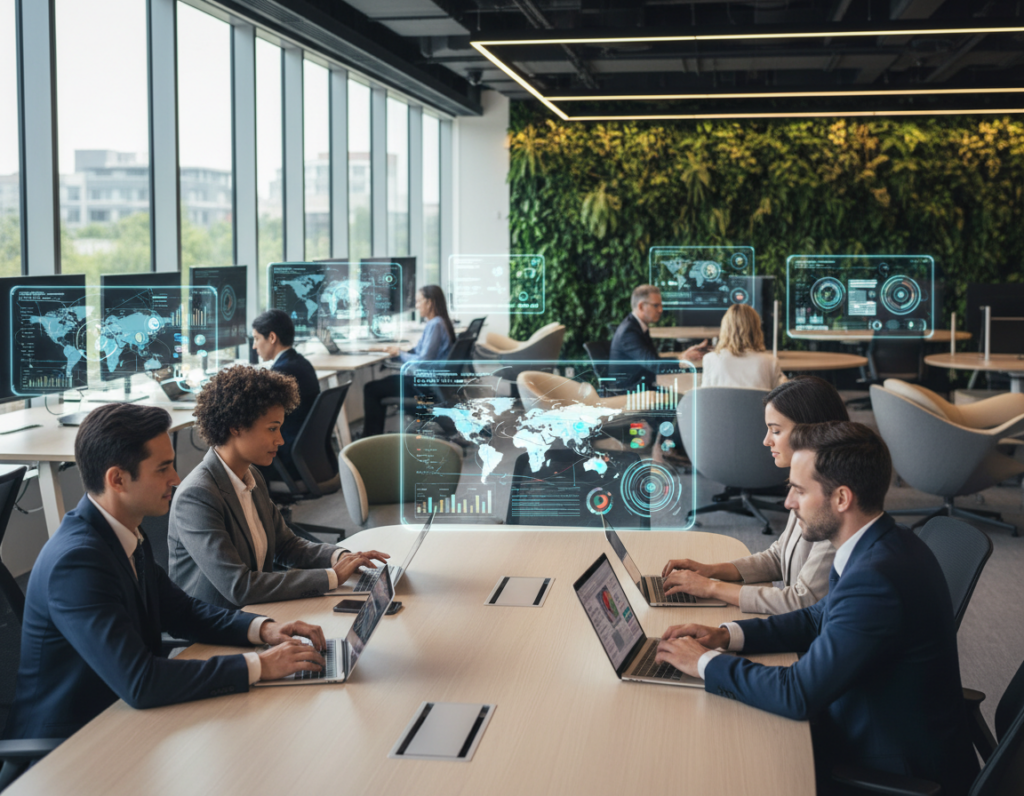 A modern office environment showcasing technology that supports workforce resilience. In the foreground, a diverse group of professionals in business attire collaborates around a sleek conference table, surrounded by high-tech devices like laptops and tablets displaying data analytics. In the middle ground, large windows allow natural light to flood the space, highlighting ergonomic furniture and virtual screens displaying engaging infographics. The background features a vibrant plant wall and soft aesthetic lighting, creating an inviting yet productive atmosphere. The camera angle is slightly elevated, capturing the dynamic interaction among team members and the seamless integration of technology within the workspace. The mood is one of innovation, collaboration, and empowerment, illustrating a forward-thinking corporate culture.