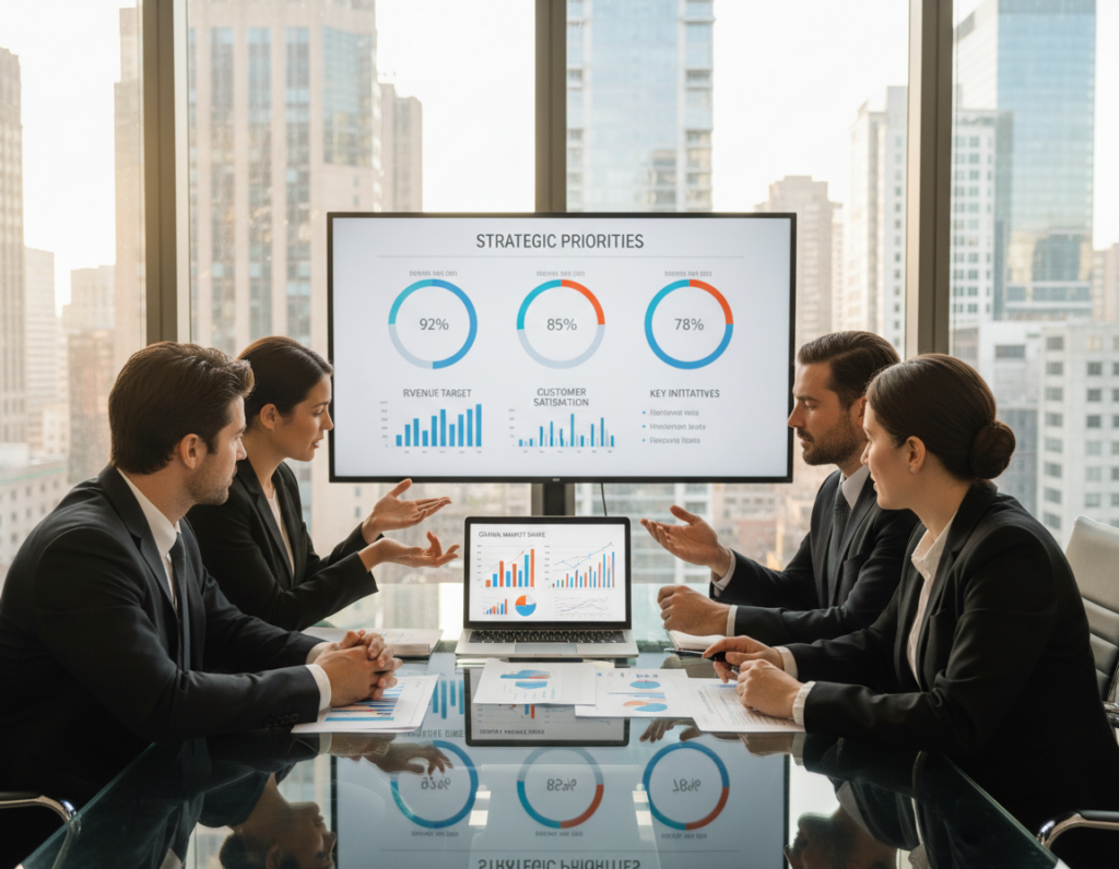 A modern office environment with a glass conference table at the forefront, where a diverse group of professionals in business attire engages in an animated discussion. They are analyzing charts and graphs on a laptop, showcasing critical issues and strategic plans. In the middle ground, a large digital display shows a visual representation of priorities and key performance indicators. The background features a cityscape through large windows, bathed in soft natural light, symbolizing growth and opportunity. The atmosphere is focused and collaborative, conveying a sense of urgency and importance in decision-making. The angle is slightly overhead, allowing a view of both the participants and the displays, emphasizing teamwork and strategy. A modern office environment with a glass conference table at the forefront, where a diverse group of professionals in business attire engages in an animated discussion. They are analyzing charts and graphs on a laptop, showcasing critical issues and strategic plans. In the middle ground, a large digital display shows a visual representation of priorities and key performance indicators. The background features a cityscape through large windows, bathed in soft natural light, symbolizing growth and opportunity. The atmosphere is focused and collaborative, conveying a sense of urgency and importance in decision-making. The angle is slightly overhead, allowing a view of both the participants and the displays, emphasizing teamwork and strategy.