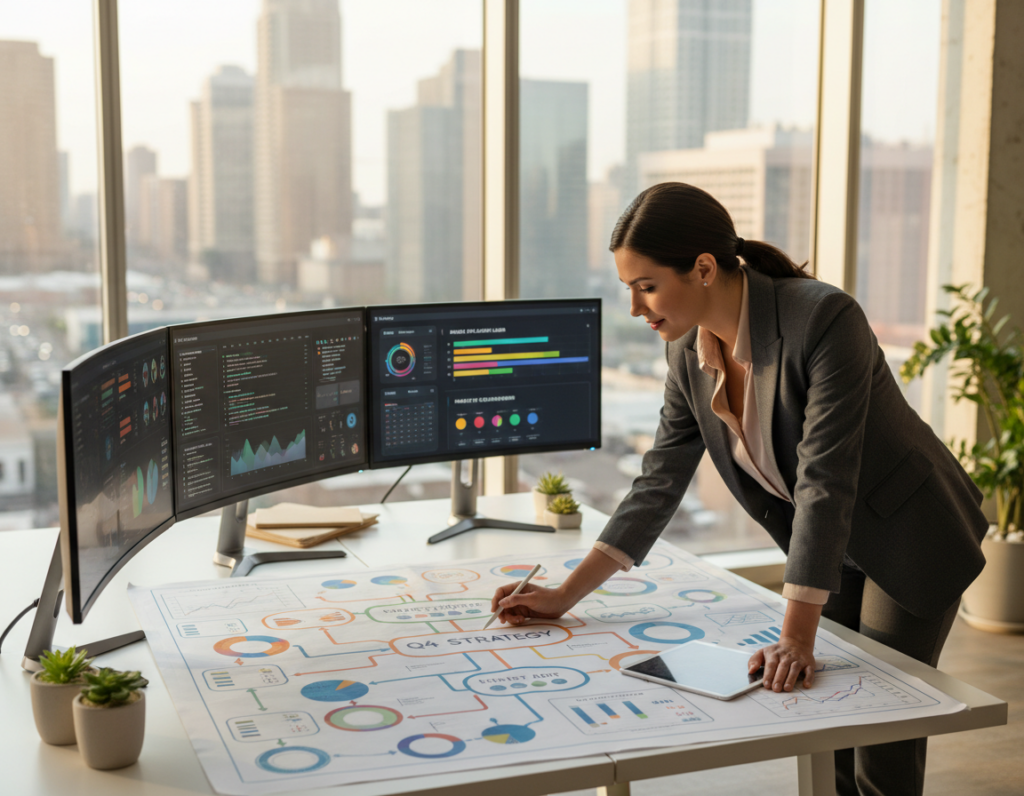 A modern office setting where a focused professional woman is engaged in proactive planning. In the foreground, she is examining a large, colorful mind map filled with charts and diagrams, wearing professional business attire. In the middle ground, multiple screens display data analytics and project timelines. The background features a large window with soft, natural daylight streaming in, illuminating the room and creating a productive atmosphere. Subtle reflections of cityscape can be seen outside, symbolizing the dynamic environment. The mood is one of concentration and optimism, showcasing a workspace that encourages forward-thinking and strategic evaluation. The angle of the shot is slightly elevated, capturing both the subject and her detailed planning environment. A modern office setting where a focused professional woman is engaged in proactive planning. In the foreground, she is examining a large, colorful mind map filled with charts and diagrams, wearing professional business attire. In the middle ground, multiple screens display data analytics and project timelines. The background features a large window with soft, natural daylight streaming in, illuminating the room and creating a productive atmosphere. Subtle reflections of cityscape can be seen outside, symbolizing the dynamic environment. The mood is one of concentration and optimism, showcasing a workspace that encourages forward-thinking and strategic evaluation. The angle of the shot is slightly elevated, capturing both the subject and her detailed planning environment.