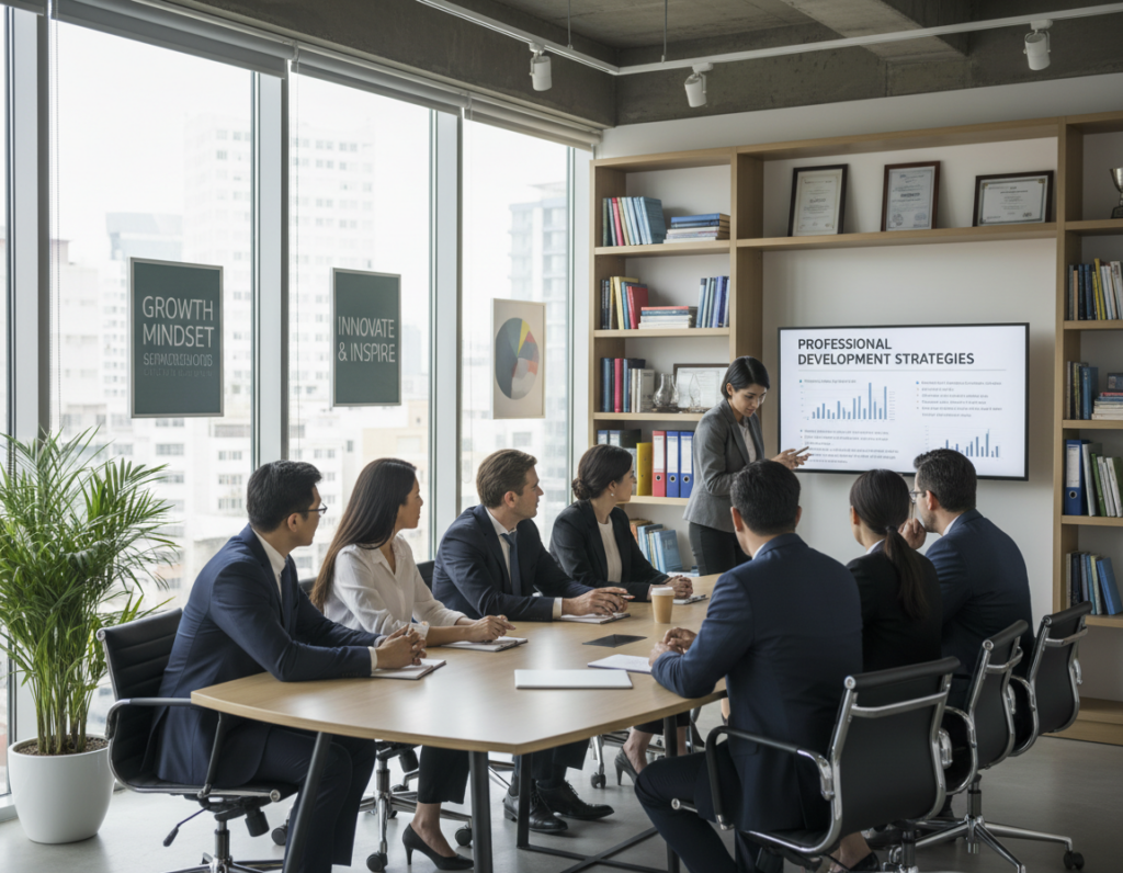 A modern office space filled with light, showcasing a diverse group of professionals engaged in a collaborative discussion. In the foreground, a diverse team composed of men and women of various ethnicities, dressed in professional business attire, is gathered around a sleek conference table. They are pointing towards a large digital screen displaying professional development materials. In the middle ground, a bright, airy office with large windows allows natural light to flood in, highlighting plants and motivational decor on the walls. The background features bookshelves stacked with professional development literature and certificates, symbolizing growth and learning. The mood is energetic and focused, with a sense of teamwork and ambition in the air, evoking a dedicated atmosphere conducive to professional growth. The image is well-lit with soft shadows, captured from a slightly elevated angle to provide a clear view of the engaging scene.