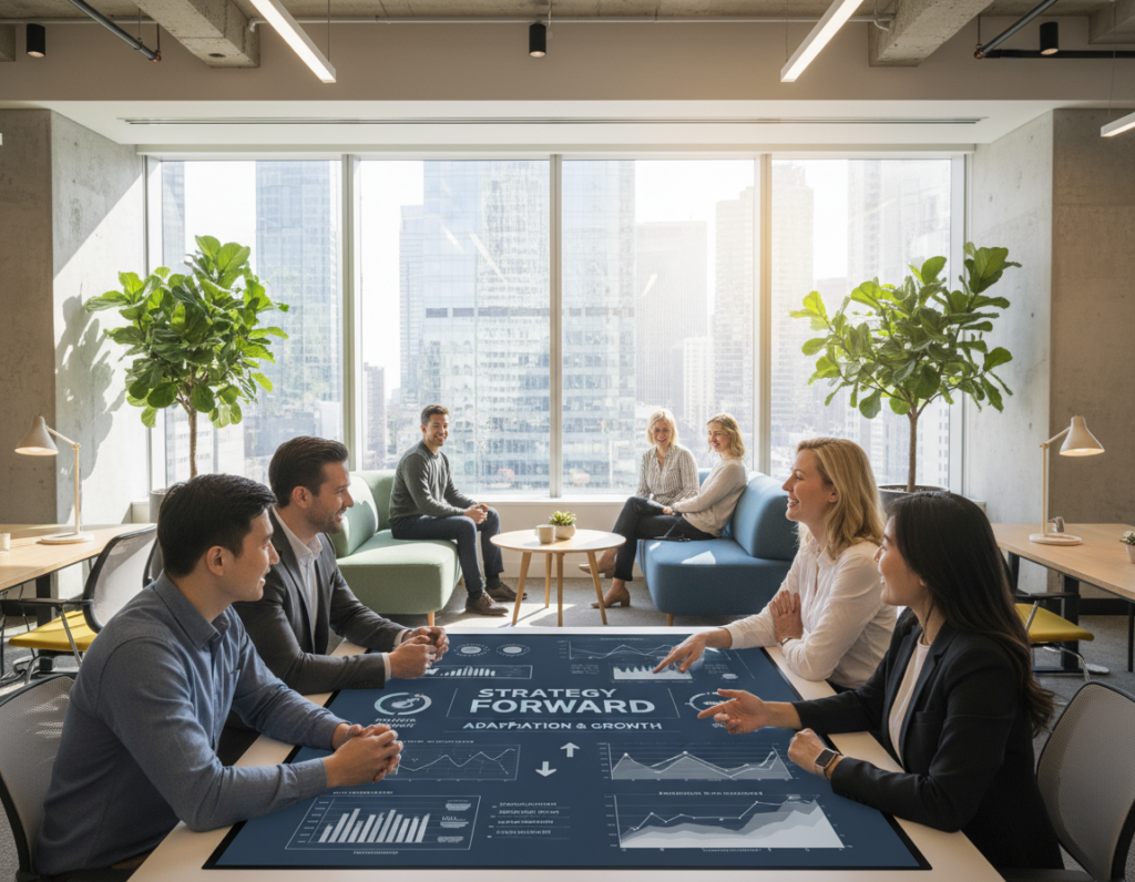 A modern office space illustrating change management strategies. In the foreground, a diverse group of professionals in smart business attire, engaged in a collaborative discussion around a digital touchscreen displaying graphs and charts. In the middle, a cozy breakout area with comfortable seating and plants, symbolizing a supportive workplace. The background features large windows allowing natural light to flood in, with a city skyline visible, indicating a thriving environment. The atmosphere is dynamic yet encouraging, emphasizing teamwork and adaptation. Soft, warm lighting enhances the sense of collaboration and positivity, while a wide-angle perspective captures the integration of technology and human interaction in fostering workplace transitions.