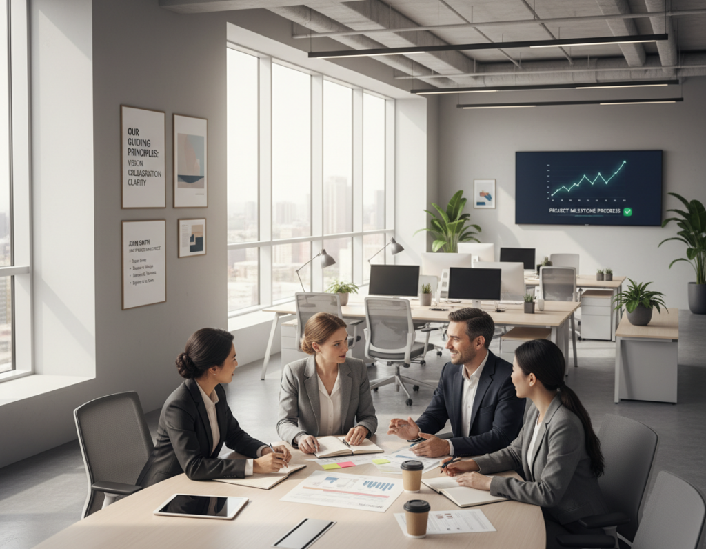 A modern, professional office setting illustrating "role clarity." In the foreground, a diverse group of three individuals engaged in a focused discussion around a conference table, all dressed in smart business attire. They are reviewing documents and sharing feedback, emphasizing collaboration and clear communication. In the middle, a spacious office with large windows allowing natural light to filter in, creating a bright and inviting atmosphere. On the walls, framed motivational quotes and clear role descriptions are subtly visible, reinforcing the theme of clarity. In the background, a digital screen displays a graph tracking progress and success metrics, a symbol of consistent feedback. The mood is productive and encouraging, highlighting the importance of clear expectations and support in professional development. Soft, warm lighting enhances the inviting atmosphere while maintaining a professional tone. A modern, professional office setting illustrating "role clarity." In the foreground, a diverse group of three individuals engaged in a focused discussion around a conference table, all dressed in smart business attire. They are reviewing documents and sharing feedback, emphasizing collaboration and clear communication. In the middle, a spacious office with large windows allowing natural light to filter in, creating a bright and inviting atmosphere. On the walls, framed motivational quotes and clear role descriptions are subtly visible, reinforcing the theme of clarity. In the background, a digital screen displays a graph tracking progress and success metrics, a symbol of consistent feedback. The mood is productive and encouraging, highlighting the importance of clear expectations and support in professional development. Soft, warm lighting enhances the inviting atmosphere while maintaining a professional tone.
