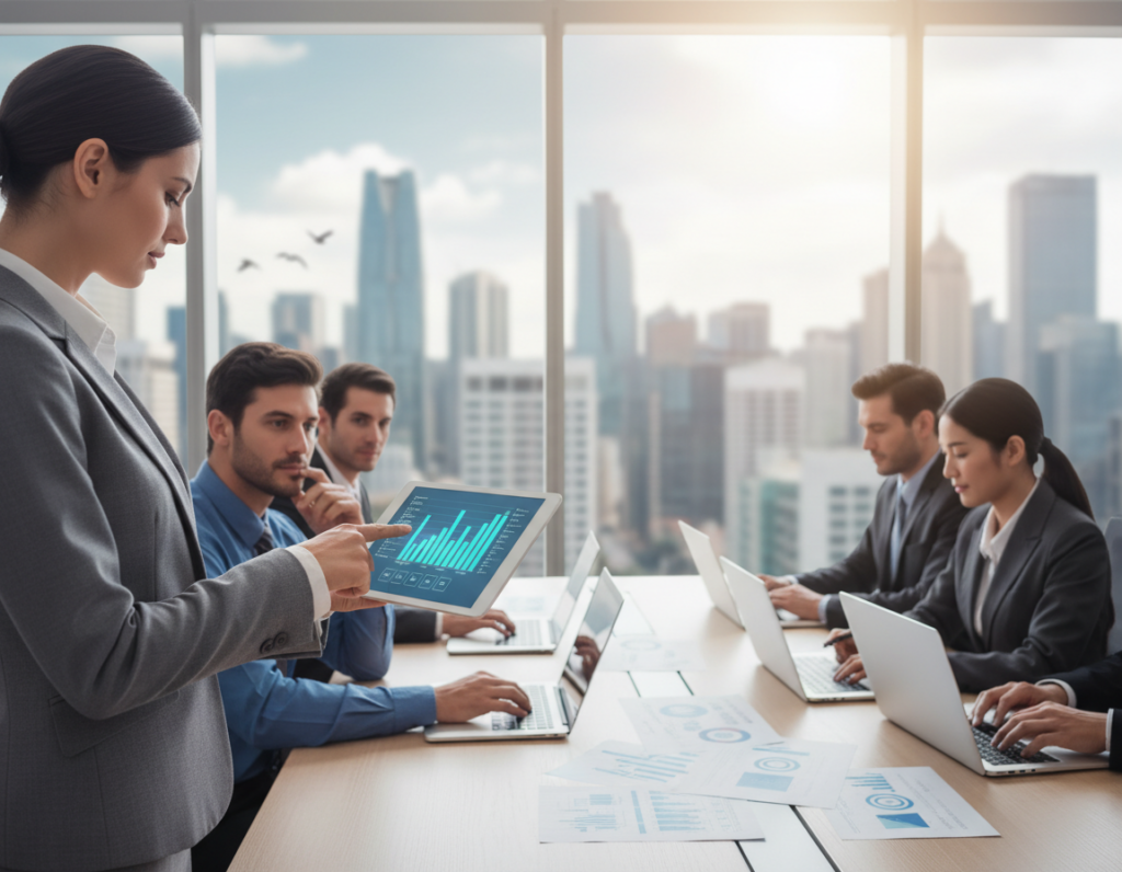 A professional office environment featuring a diverse group of business professionals engaged in a collaborative discussion about data compliance and security standards. In the foreground, a confident woman in a tailored suit points at a digital tablet, displaying graphs and compliance standards, while a man in a shirt and tie nods in agreement. In the middle ground, a modern conference table is surrounded by sleek laptops and paperwork illustrating security protocols. The background shows a large window with natural light pouring in, reflecting a bustling city skyline, symbolizing growth and opportunity. The overall atmosphere is focused and constructive, promoting trust and professionalism, with a slightly blurred depth of field effect to emphasize the main subjects. Soft, neutral colors dominate the scene, enhancing a sense of clarity and integrity. A professional office environment featuring a diverse group of business professionals engaged in a collaborative discussion about data compliance and security standards. In the foreground, a confident woman in a tailored suit points at a digital tablet, displaying graphs and compliance standards, while a man in a shirt and tie nods in agreement. In the middle ground, a modern conference table is surrounded by sleek laptops and paperwork illustrating security protocols. The background shows a large window with natural light pouring in, reflecting a bustling city skyline, symbolizing growth and opportunity. The overall atmosphere is focused and constructive, promoting trust and professionalism, with a slightly blurred depth of field effect to emphasize the main subjects. Soft, neutral colors dominate the scene, enhancing a sense of clarity and integrity.