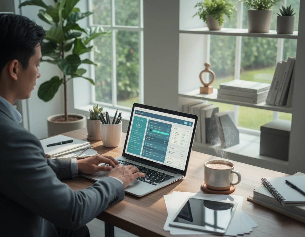 A serene and focused workspace depicting productivity, featuring a modern desk cluttered with neatly organized documents, a laptop open to a productivity app, and a steaming cup of coffee beside it. In the foreground, a professional individual in smart business attire is deeply engaged in thoughtful work, with a calm expression, hands poised over the keyboard. The middle ground shows a large window allowing soft, natural light to illuminate the space, casting gentle shadows and creating a warm, inviting atmosphere. The background includes lush indoor plants and a minimalistic bookshelf, enhancing the sense of tranquility. The overall mood is one of concentration and dedication, underscored by a cool color palette—blues and greens that promote focus and deep work. The scene is captured from a slightly elevated angle, providing a clear view of the workspace while incorporating depth and perspective. A serene and focused workspace depicting productivity, featuring a modern desk cluttered with neatly organized documents, a laptop open to a productivity app, and a steaming cup of coffee beside it. In the foreground, a professional individual in smart business attire is deeply engaged in thoughtful work, with a calm expression, hands poised over the keyboard. The middle ground shows a large window allowing soft, natural light to illuminate the space, casting gentle shadows and creating a warm, inviting atmosphere. The background includes lush indoor plants and a minimalistic bookshelf, enhancing the sense of tranquility. The overall mood is one of concentration and dedication, underscored by a cool color palette—blues and greens that promote focus and deep work. The scene is captured from a slightly elevated angle, providing a clear view of the workspace while incorporating depth and perspective.