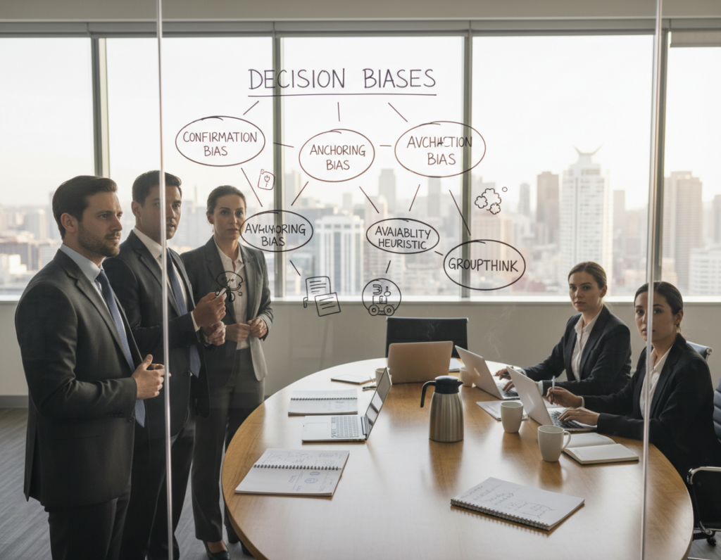 A serene office environment featuring a diverse group of professionals engaged in a collaborative decision-making session. Foreground: a diverse group of three individuals in business attire—two men and one woman—examining a large visual chart on a glass wall, showcasing various common decision-making biases like confirmation bias and anchoring. Middle ground: a round table with open laptops, notepads filled with brainstorming ideas, and a coffee pot, symbolizing a dynamic and engaging discussion. Background: floor-to-ceiling windows displaying a city skyline, filled with afternoon sunlight, emphasizing clarity and focus. The atmosphere is collaborative and positive, capturing the essence of overcoming biases to foster structured judgment patterns. Utilize soft lighting and depth of field to emphasize the participants’ expressions of determination and insight. A serene office environment featuring a diverse group of professionals engaged in a collaborative decision-making session. Foreground: a diverse group of three individuals in business attire—two men and one woman—examining a large visual chart on a glass wall, showcasing various common decision-making biases like confirmation bias and anchoring. Middle ground: a round table with open laptops, notepads filled with brainstorming ideas, and a coffee pot, symbolizing a dynamic and engaging discussion. Background: floor-to-ceiling windows displaying a city skyline, filled with afternoon sunlight, emphasizing clarity and focus. The atmosphere is collaborative and positive, capturing the essence of overcoming biases to foster structured judgment patterns. Utilize soft lighting and depth of field to emphasize the participants’ expressions of determination and insight.