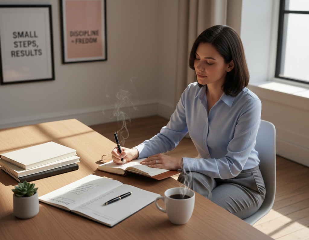A serene, organized workspace depicting the essence of "consistent habits." In the foreground, a polished wooden desk showcases neatly arranged stationery, a planner with a checklist, and a steaming cup of coffee, suggesting focus and routine. In the middle ground, a professional individual, dressed in smart casual attire, is engaged in work, thoughtfully writing notes with a pen, embodying productivity and intention. The background reveals a well-lit office with motivational posters on the walls, a large window allowing natural light to pour in, illuminating the space. The atmosphere is calm and inspiring, with soft shadows creating depth and a sense of stability. The angle is slightly elevated, capturing both the desk and the individual in a dynamic yet grounded composition, inviting the viewer to visualize consistency and dedication in their work habits.