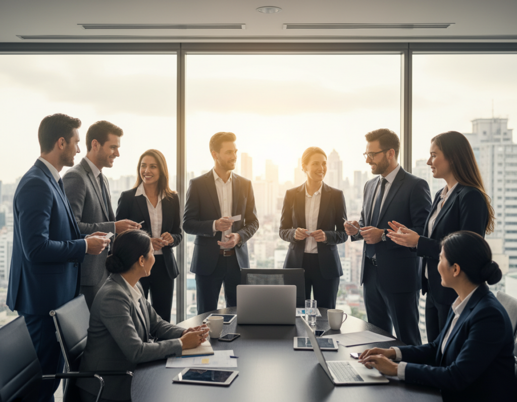 A vibrant and dynamic networking event scene set in a sleek, modern office space. In the foreground, a diverse group of professionals in business attire are engaged in animated conversations, exchanging business cards and ideas, showcasing expressions of enthusiasm and collaboration. The middle ground features a stylish round table with laptops, coffee cups, and digital devices, symbolizing the tools of modern networking. In the background, large windows reveal a city skyline, letting in warm, natural light that creates an inviting atmosphere. The overall mood is energetic and motivating, emphasizing the value of building professional connections for career growth and advancement. The composition should be well-lit, with a slight depth of field to focus on the interacting individuals while softly blurring the background.