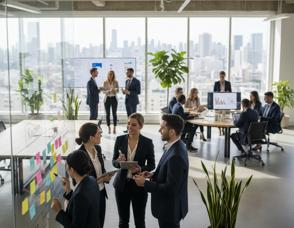 A vibrant office environment depicting a culture of continuous improvement. In the foreground, a diverse group of professionals in business attire is engaged in a brainstorming session around a whiteboard filled with colorful charts and sticky notes. In the middle ground, collaboration is evident as employees use laptops, sharing ideas and strategies, with some standing in discussion. The background features large windows allowing natural light to illuminate the space, creating a warm and inviting atmosphere. The scene includes greenery, like potted plants, to symbolize growth. The mood is energetic and positive, emphasizing teamwork and innovation, framed with a slight depth of field effect to focus on the engaging interactions happening in the foreground.