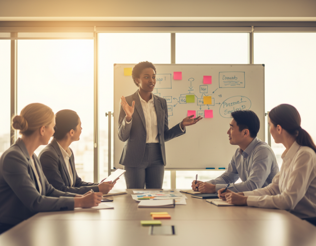 A vibrant office meeting room filled with professionals of diverse backgrounds, ethnicities, and genders collaborating around a large table. In the foreground, a Black woman in smart business attire gestures passionately as she presents her ideas. To her right, an Asian man takes notes while nodding thoughtfully, and to her left, a Caucasian woman shares insights with a tablet in hand. The middle layer features a large whiteboard filled with colorful sticky notes and diagrams, symbolizing creative problem-solving. The background reveals large windows allowing natural light to flood the room, creating an uplifting and inclusive atmosphere. The scene captures an environment of collaboration and cognitive diversity, showcasing different perspectives coming together to enhance judgment accuracy and innovation. The composition should have a warm color palette with soft focus on the edges to emphasize the central interaction.