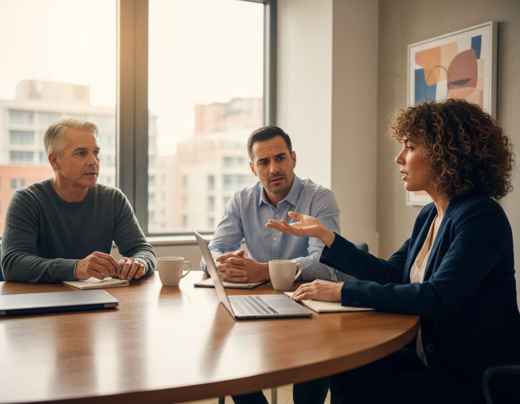A warm and inviting conference room scene, focused on a diverse group of three people engaged in an animated conversation at a round table. In the foreground, a confident woman in a smart blazer gestures thoughtfully, while a thoughtful man in a crisp shirt leans in, showing genuine interest. A third participant, a middle-aged individual, nods in agreement, showcasing active listening. In the middle background, large windows allow soft natural light to filter in, casting a gentle glow on the polished wooden table. On the walls, inspirational art subtly enhances the atmosphere, suggesting collaboration and open communication. The mood is one of authenticity and connection, with an angle that captures the engaging dynamic among the participants. A warm and inviting conference room scene, focused on a diverse group of three people engaged in an animated conversation at a round table. In the foreground, a confident woman in a smart blazer gestures thoughtfully, while a thoughtful man in a crisp shirt leans in, showing genuine interest. A third participant, a middle-aged individual, nods in agreement, showcasing active listening. In the middle background, large windows allow soft natural light to filter in, casting a gentle glow on the polished wooden table. On the walls, inspirational art subtly enhances the atmosphere, suggesting collaboration and open communication. The mood is one of authenticity and connection, with an angle that captures the engaging dynamic among the participants.